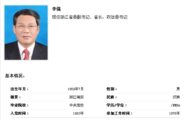 到中國黨政領導干部資料庫查詢 李強同志簡歷