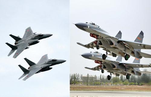 29日，中國空軍查證了進入東海防空識別區的美日軍機，左圖為進入防空識別區的日本F-15戰機(資料圖)，右圖為當天起飛的中國殲-11飛機(資料圖)。