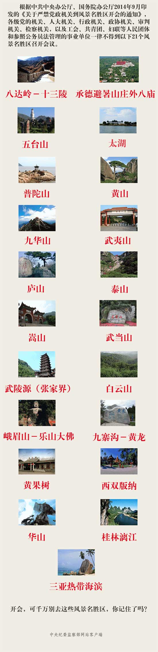 中紀委明確規定21個景區禁止開會