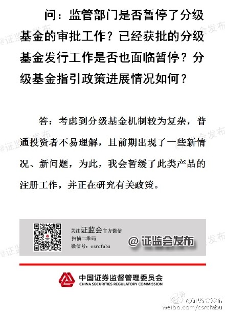 證監(jiān)會：暫緩分級基金產(chǎn)品注冊工作