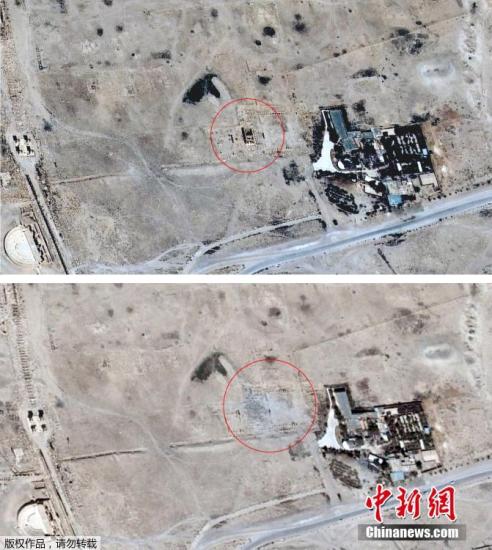 當地時間2015年8月27日，敘利亞帕爾米拉，衛星云圖顯示遭IS極端武裝炸毀前后的巴爾-夏明神廟地區對比圖。