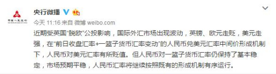 央行：人民幣對一籃子貨幣匯率仍保持基本穩定