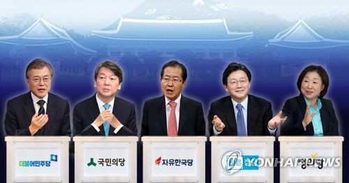 資料圖:左起依次是文在寅、安哲秀、洪準杓、劉承旼、沈相奵。(圖片來源:韓聯社)
