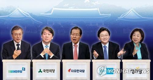 資料圖：左起依次是文在寅、安哲秀、洪準杓、劉承旼、沈相奵。(圖片來源：韓聯社)