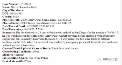 死者尸檢報告顯示死亡原因為頭部受重創。(美國中文網/圣地亞哥縣法醫辦公室提供)