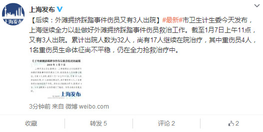 上海外灘擁擠踩踏傷員又有3人出院尚有17人在院