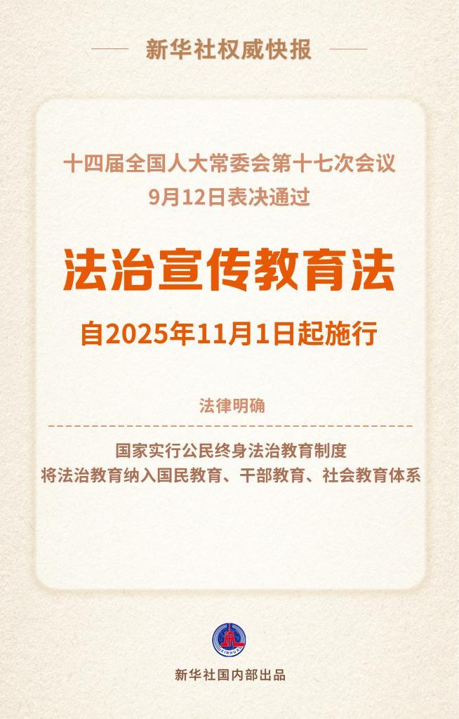 新華社權威快報丨法治宣傳教育法明確國家實行公民終身法治教育制度